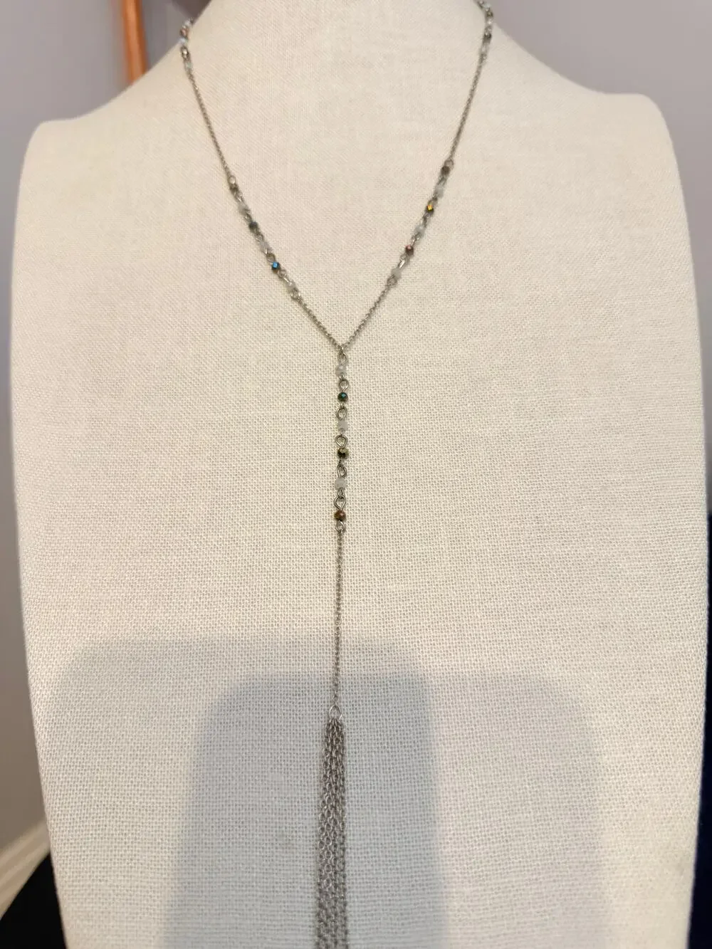Vintage Silver Tone Crystal Lariat Tassel Necklace 22”